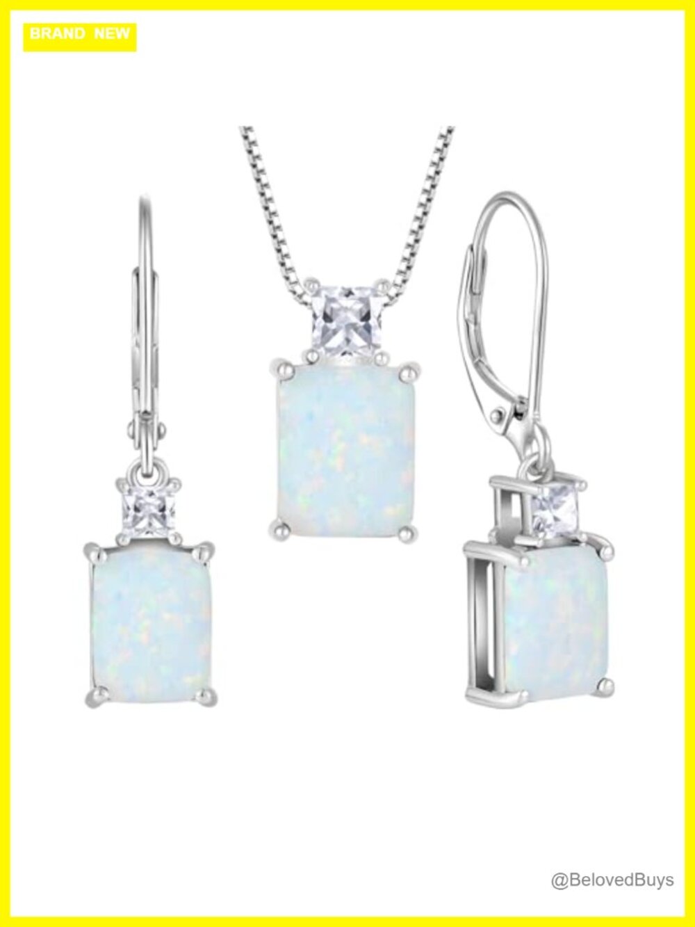 925 Sterling Silver Necklace Earrings Set 18k White Gold Plated Emerald Cut